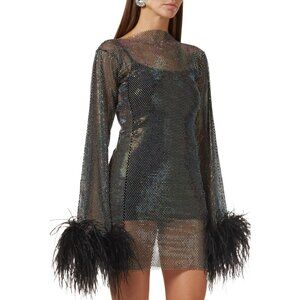 Santa Brands Black Rhinestone Ostrich Feather Mini Dress